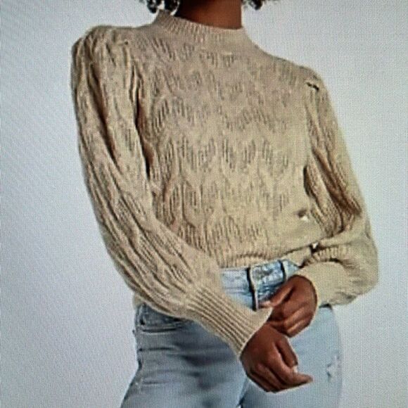 NWOT Express Metallic Sweater Puff Sleeve Gold threading Open Stitch Size Small - Picture 2 of 16